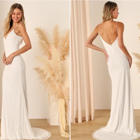 LULUS Bridal Wedding Elegant Sophisticated STUNNING Floral Beaded Mermaid Gown - Picture 7 of 10